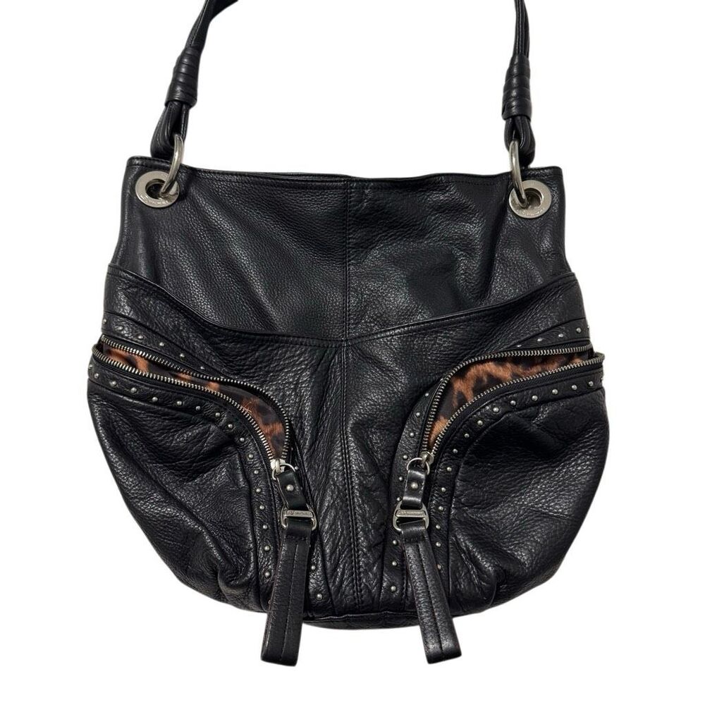 B. Makowsky Black Pebbled Leather Studded Hobo Shoulder Bag Leopard Lining Y2K